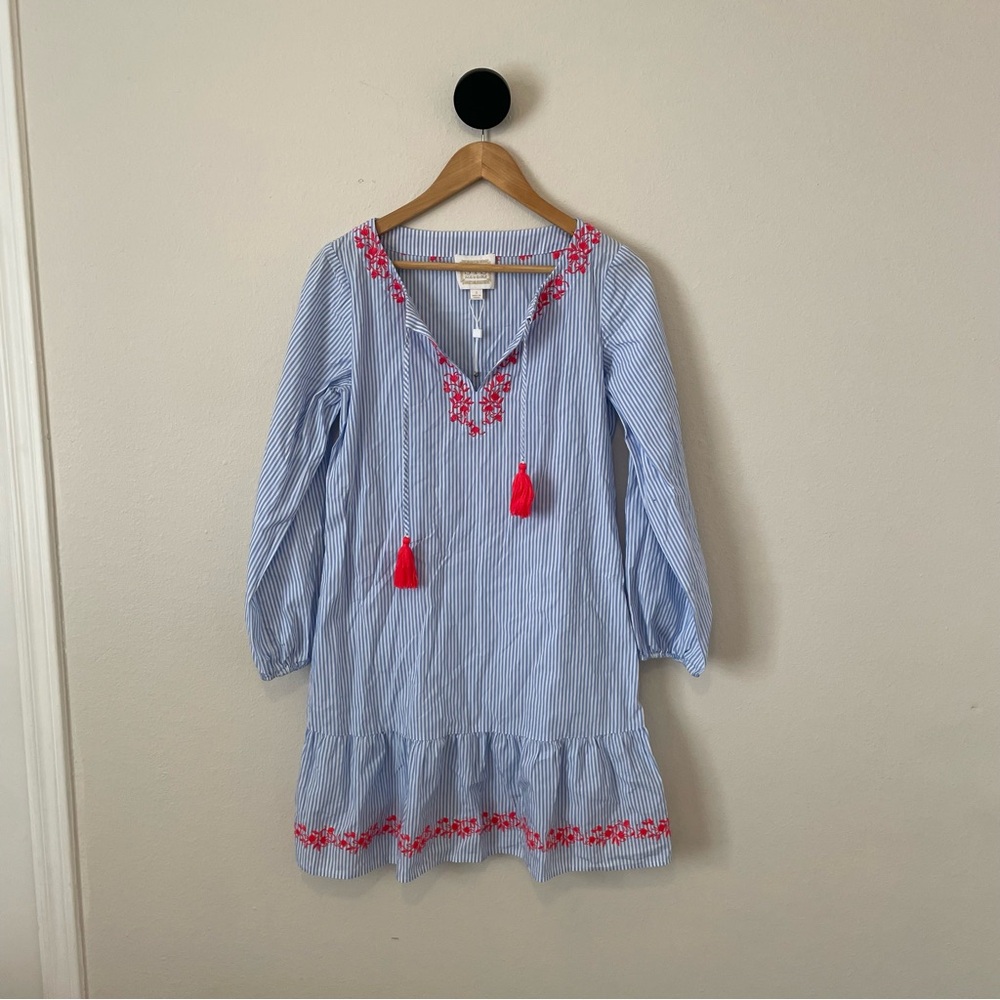 Sail to Sable Blue and White Ruffled Long Sleeve Sundress